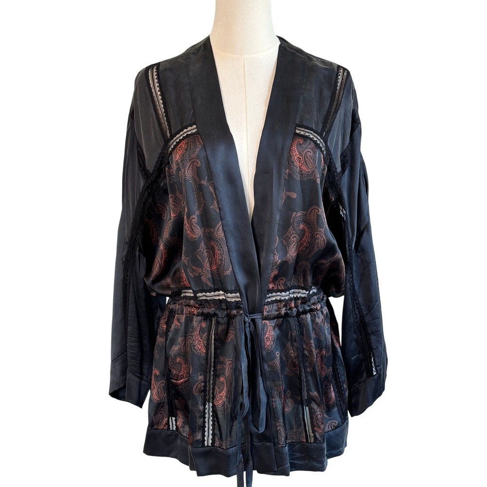 IRO Dafoe Silk Jacket Black Womens Medium Paisley‎ Lace Trim Open Front Kimono